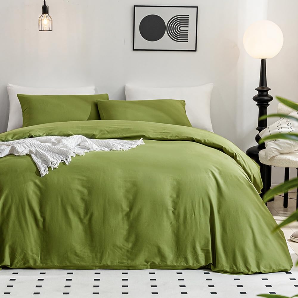 Jellymoni Avocado Green Duvet Cover Queen Size - 100% Washed Cotton Linen Like Textured Comforter Cover, 3 Pieces Breathable Sof
