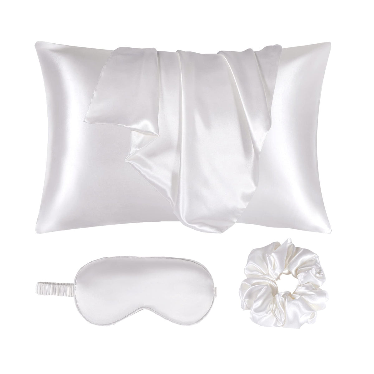 Urlinens Satin Pillowcase For Hair And Skin, Vegan Silk Pillowcase Set-2 Ivory Satin Pillowcases Standard Size, 1 Eye Mask, 1 Sc