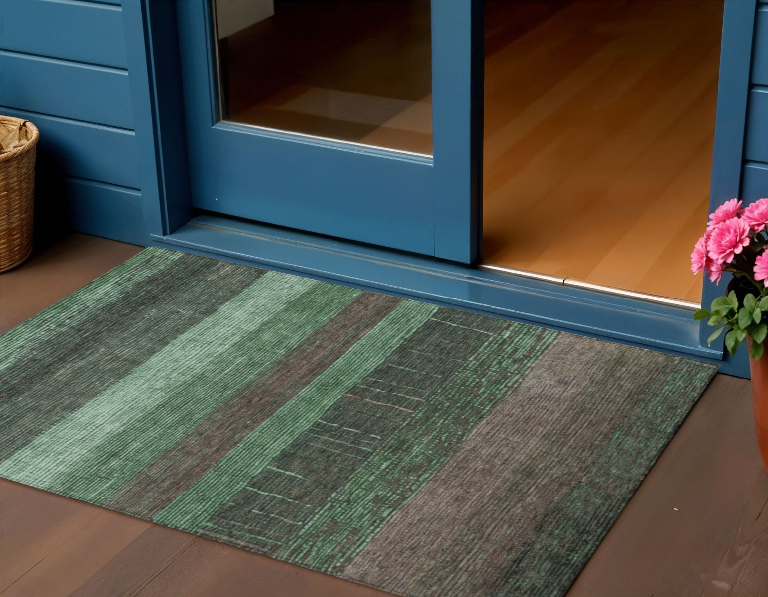 3 X 5 Green And Khaki Striped Washable Indoor Outdoor Area Rug