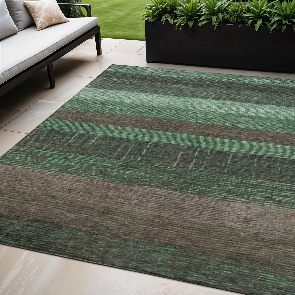 5 X 8 Green And Khaki Striped Washable Indoor Outdoor Area Rug