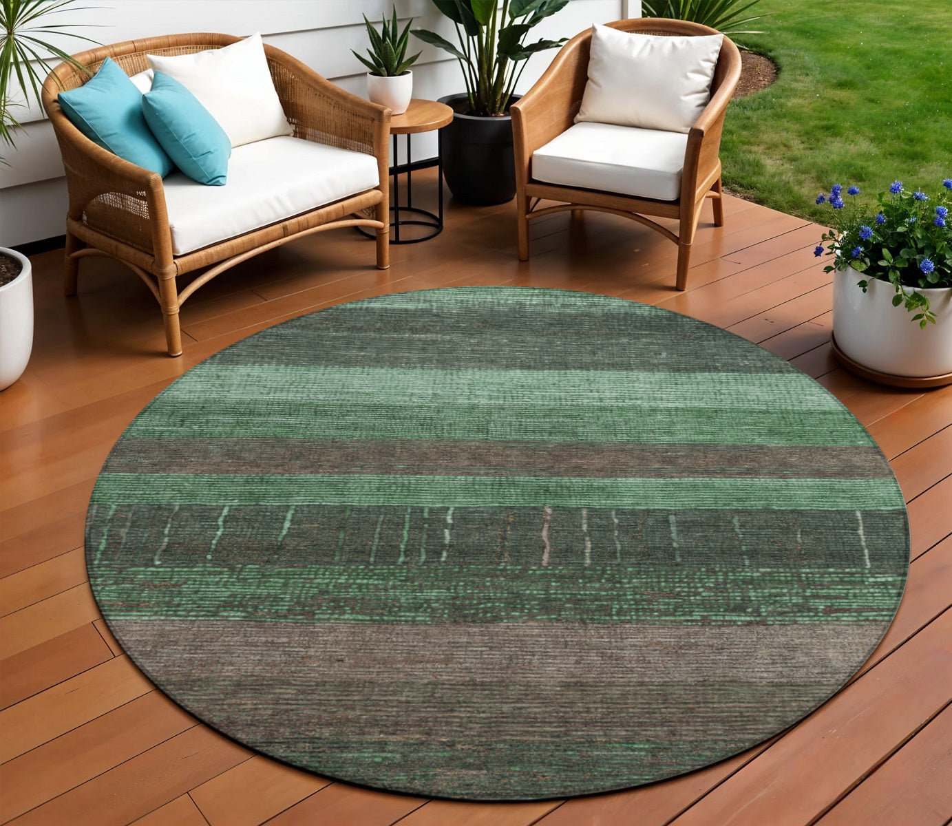 8 Green And Khaki Round Striped Washable Indoor Outdoor Area Rug