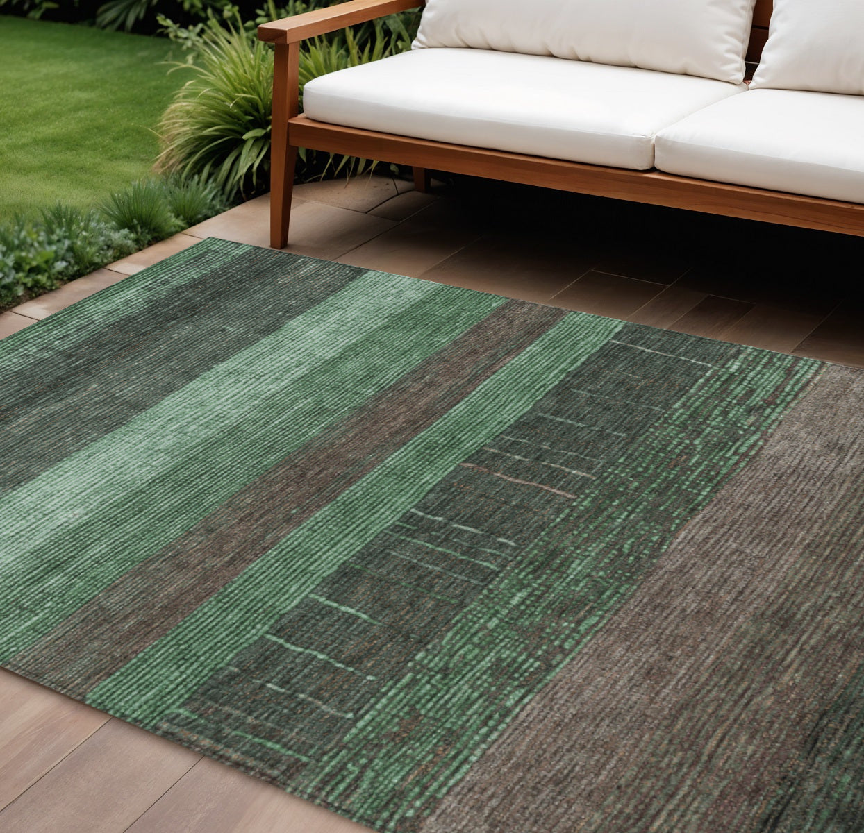 10 X 14 Green And Khaki Striped Washable Indoor Outdoor Area Rug
