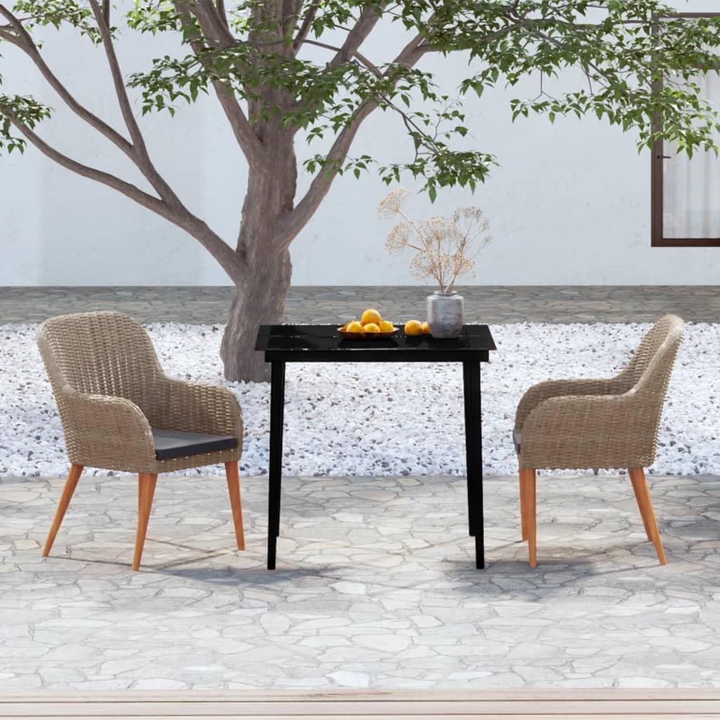 vidaXL 3-Piece Outdoor Patio Dining Set - Brown PE Rattan, Powder-Coated Steel, Solid Acacia Wood with Oiled Finish, Dark Gray Cushions -