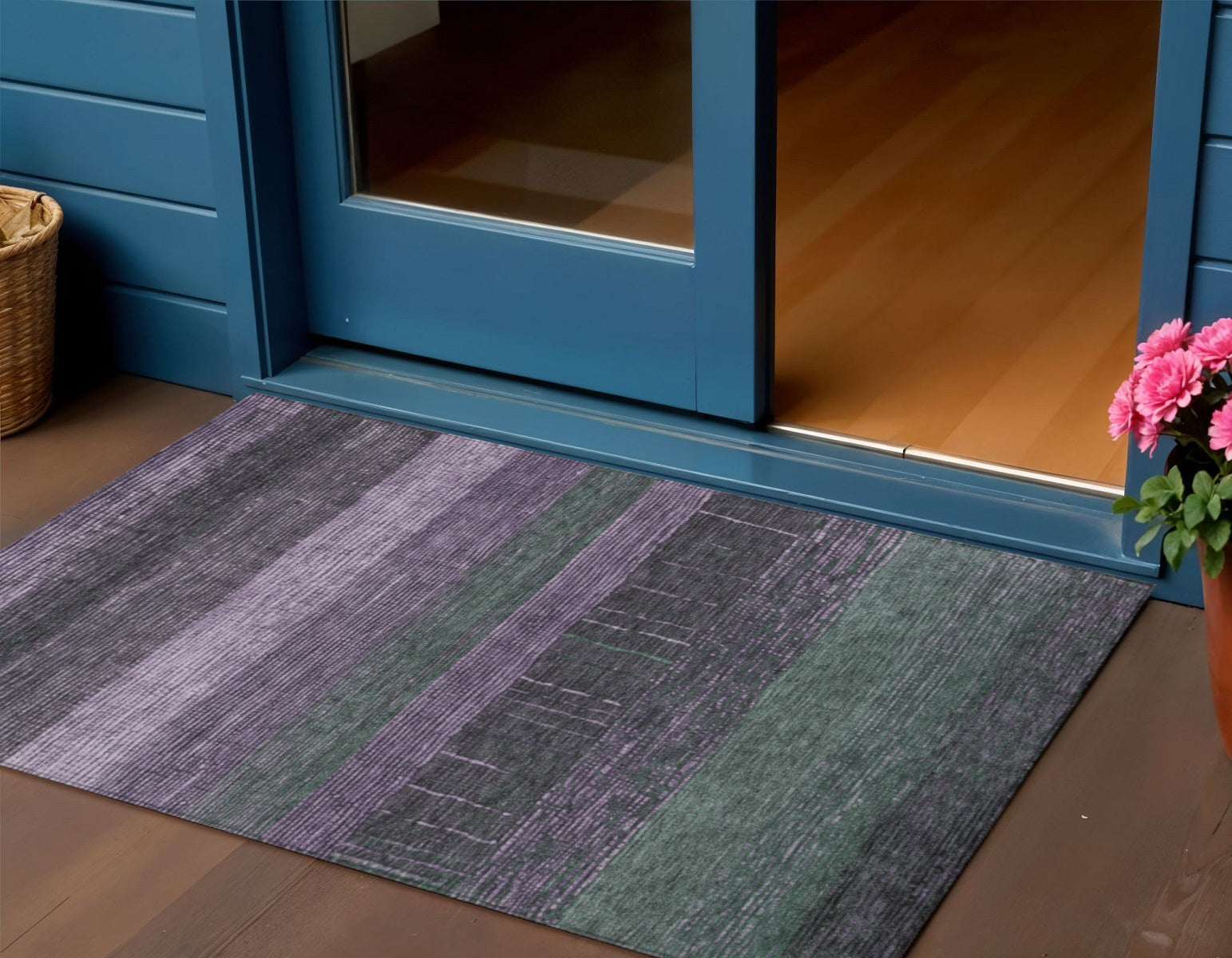 3 X 5 Purple And Olive Green Striped Washable Indoor Outdoor Area Rug