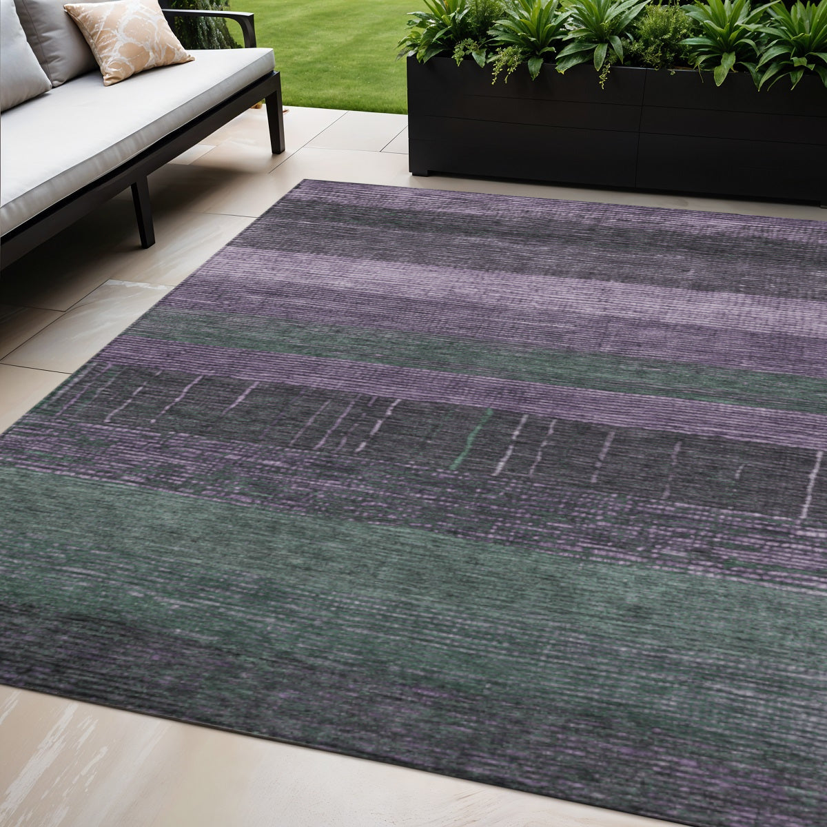 5 X 8 Purple And Olive Green Striped Washable Indoor Outdoor Area Rug