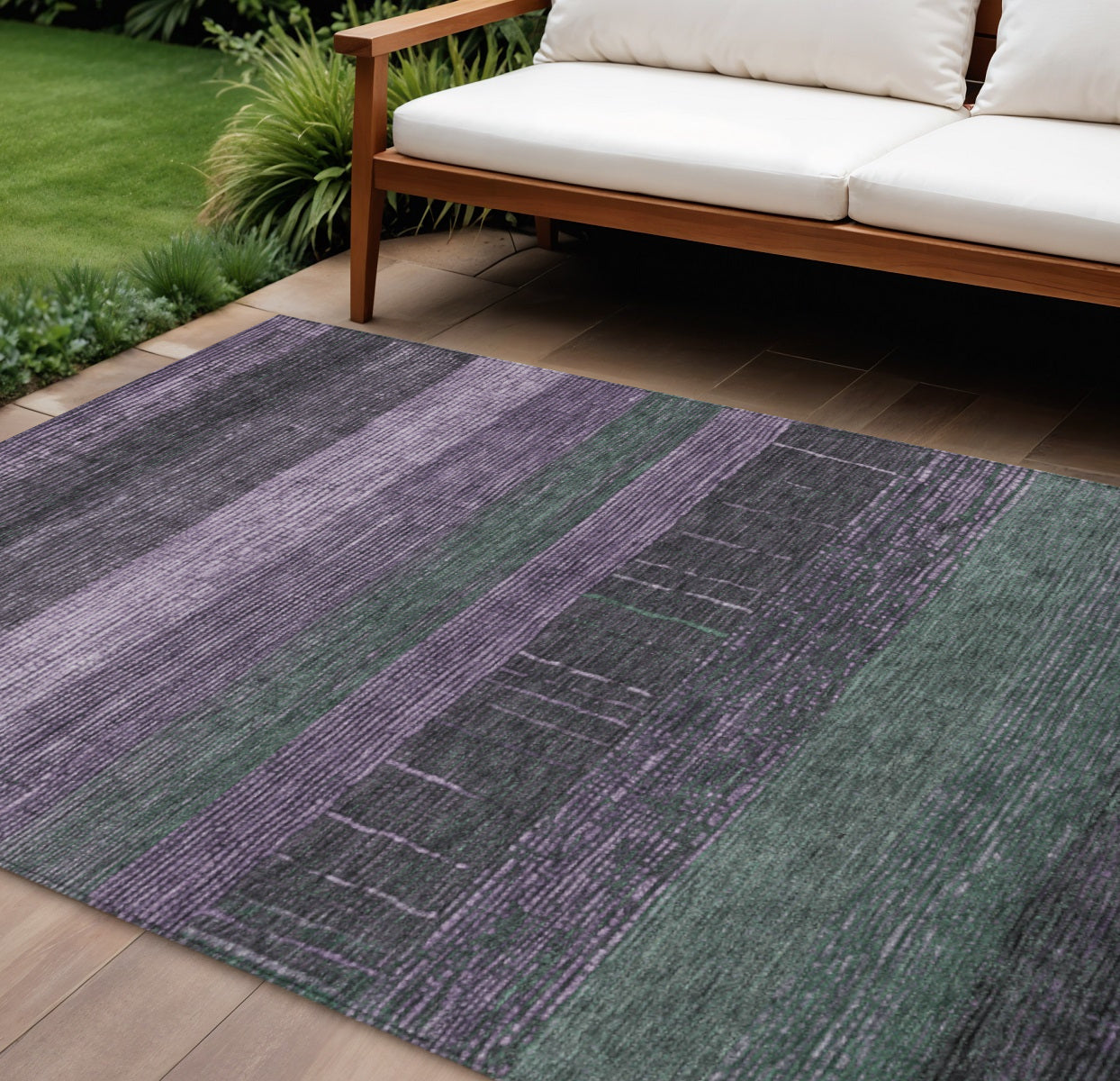 10 X 14 Purple And Olive Green Striped Washable Indoor Outdoor Area Rug