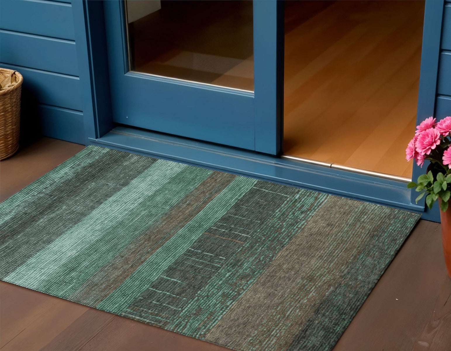 3 X 5 Teal Blue And Taupe Striped Washable Indoor Outdoor Area Rug