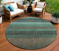 8 Teal Blue And Taupe Round Striped Washable Indoor Outdoor Area Rug