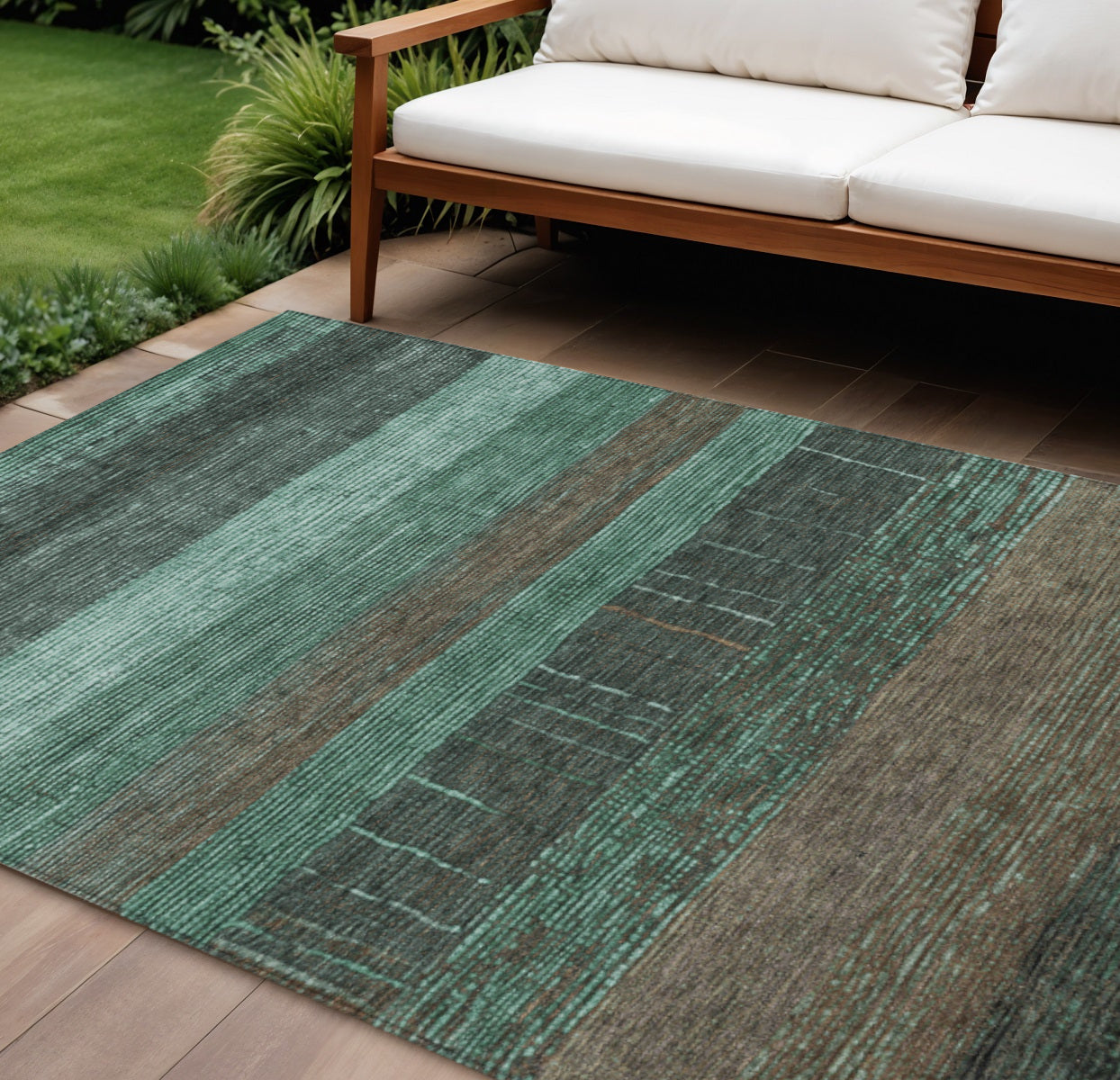 9 X 12 Teal Blue And Taupe Striped Washable Indoor Outdoor Area Rug