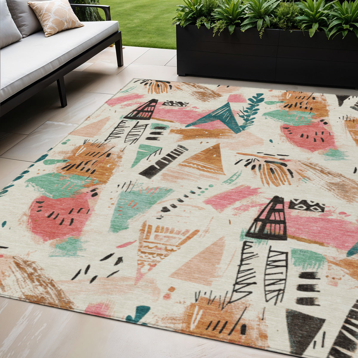 5 X 8 Ivory Blush And Teal Blue Abstract Washable Indoor Outdoor Area Rug