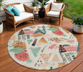 8 Ivory Blush And Teal Blue Round Abstract Washable Indoor Outdoor Area Rug