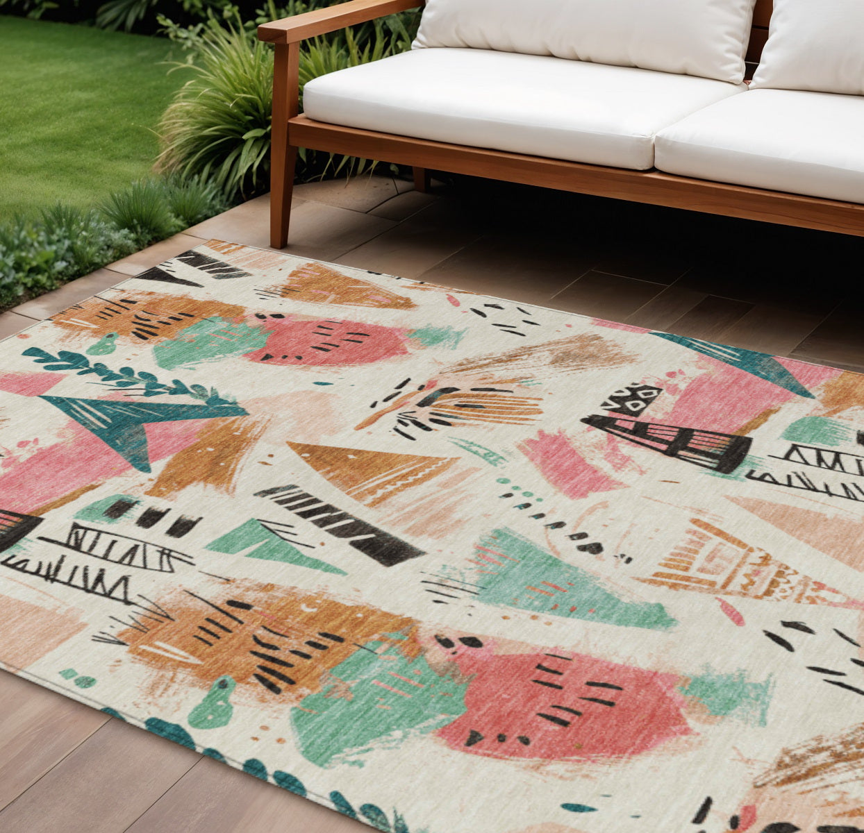 9 X 12 Ivory Blush And Teal Blue Abstract Washable Indoor Outdoor Area Rug