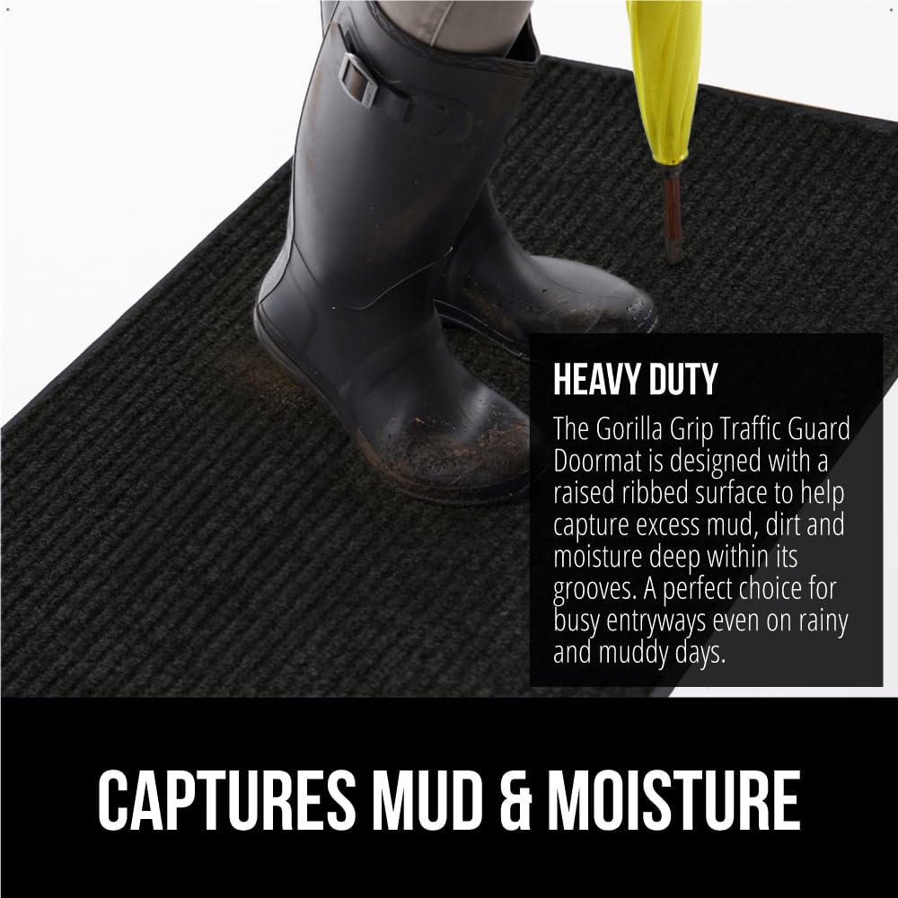 Gorilla Grip Waterproof Heavy Duty Traffic Guard Doormat, Stain And Fade Resistant, Durable Rubber, Low Profile Door Mat, Shoe Scraper, Welcome Mats For Entry, 47X35, Jet Black