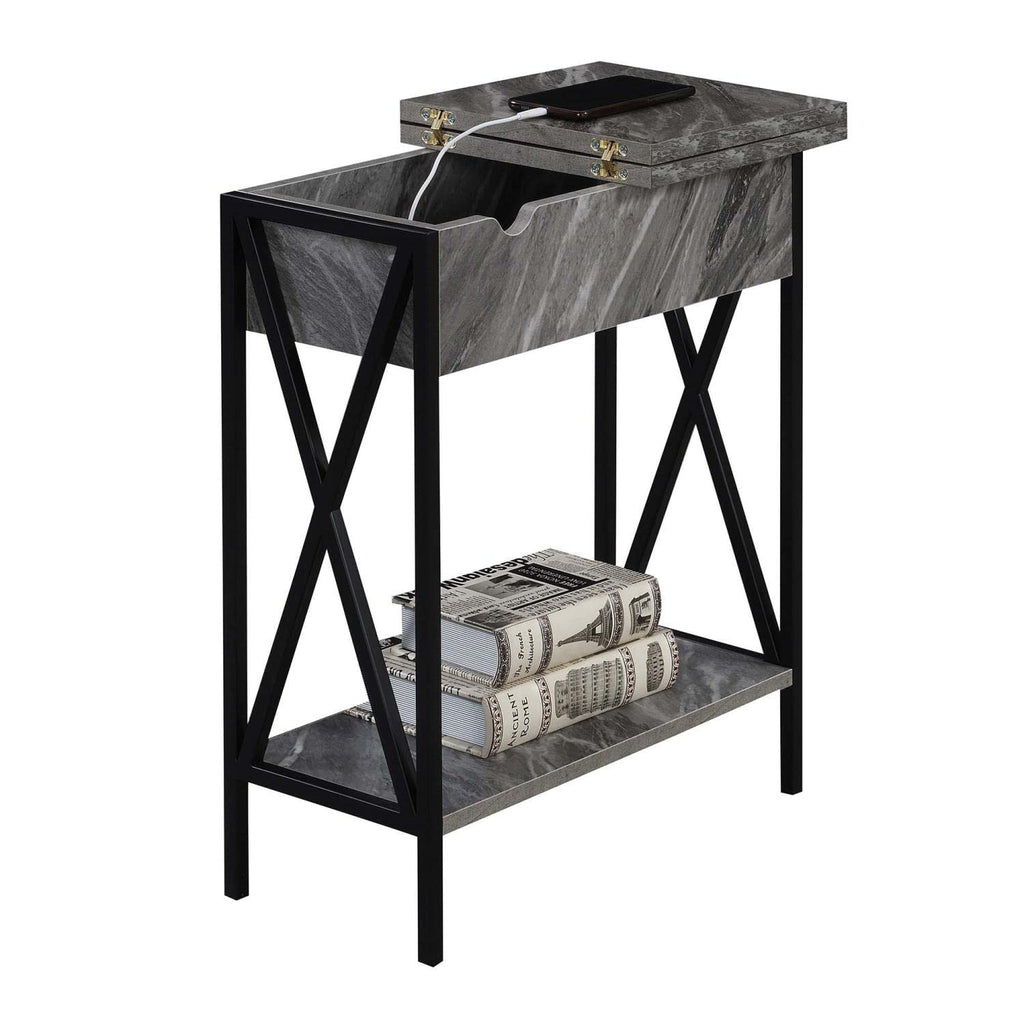 Convenience Concepts Tucson Flip Top End Table with Charging Station and Shelf, 23.75"L x 11.25"W x 24"H, Gray Marble/Black