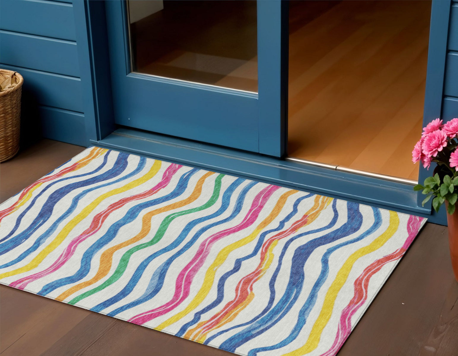 3 X 5 Ivory Blue Pink And Yellow Striped Washable Indoor Outdoor Area Rug
