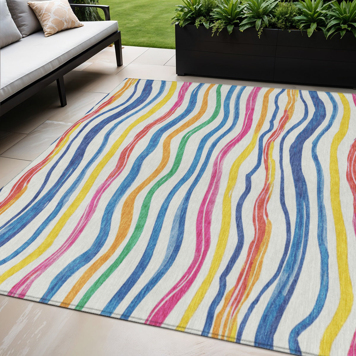 5 X 8 Ivory Blue Pink And Yellow Striped Washable Indoor Outdoor Area Rug