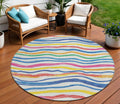 8 Ivory Blue Pink And Yellow Round Striped Washable Indoor Outdoor Area Rug