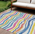 10 X 14 Ivory Blue Pink And Yellow Striped Washable Indoor Outdoor Area Rug