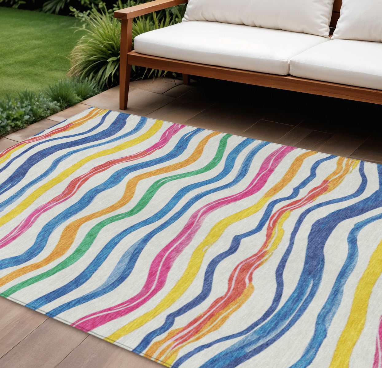 10 X 14 Ivory Blue Pink And Yellow Striped Washable Indoor Outdoor Area Rug