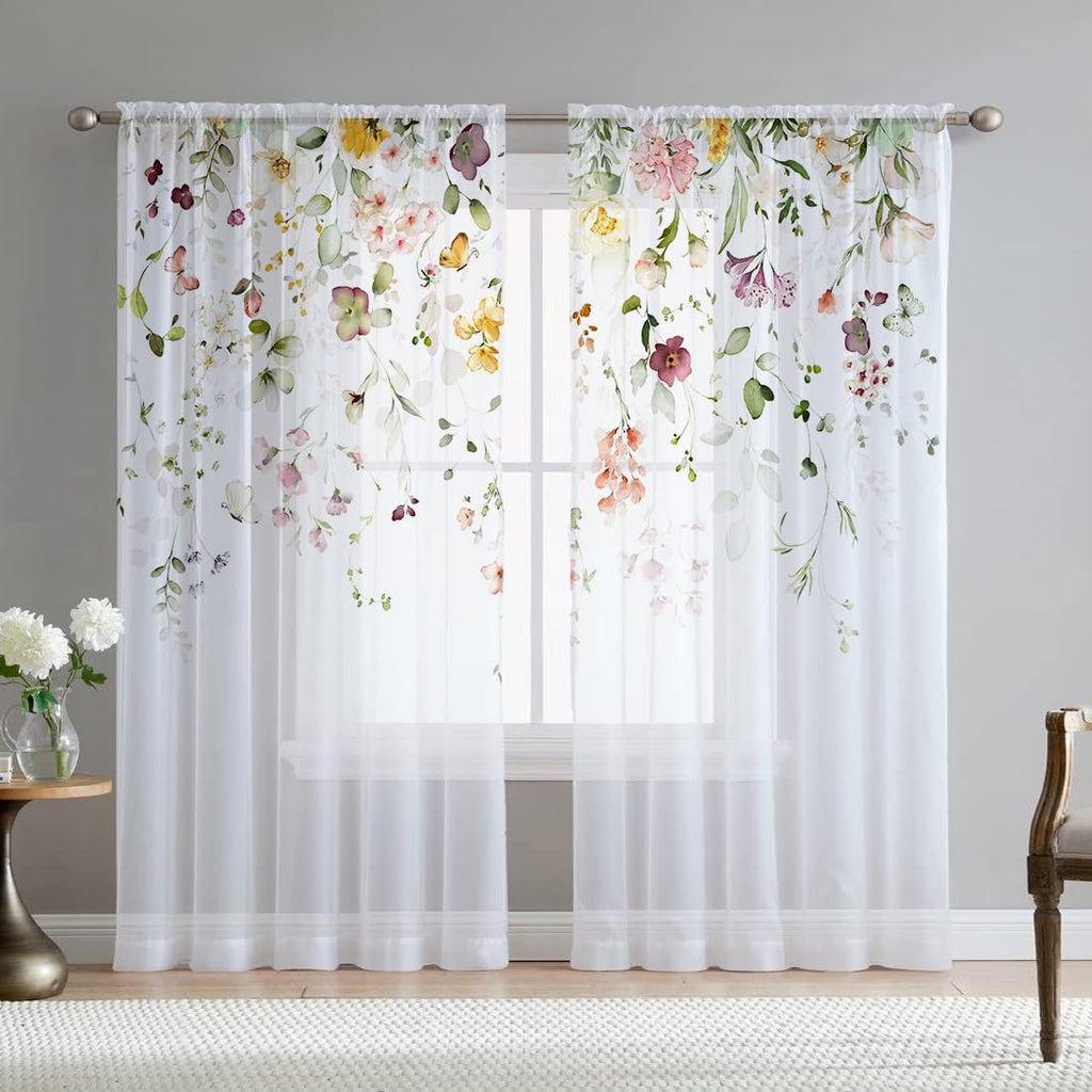 Fereyis Floral Sheer Curtains For Living Room 84 Inch Length 2 Panels Set Elegant Butterfly Spring Flower Printed Window Curtain