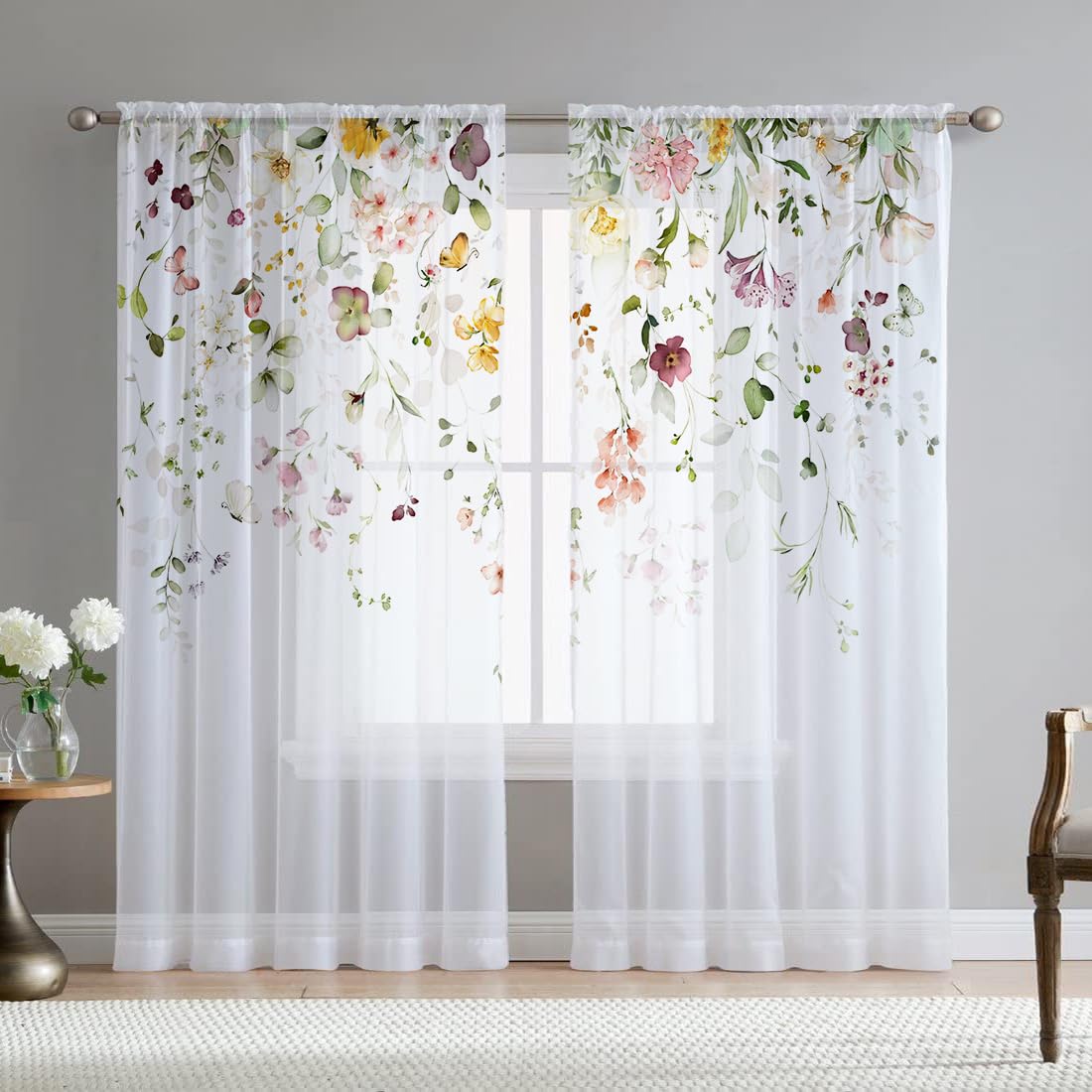 Fereyis Floral Sheer Curtains For Living Room 84 Inch Length 2 Panels Set Elegant Butterfly Spring Flower Printed Window Curtain