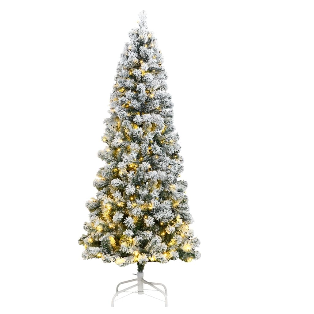 vidaXL Artificial Hinged Christmas Tree 82.7&quot; - Green with Flocked Snow & Warm White 300 LEDs, PVC & Iron Construction, Easy Switch Lighting Modes, Stable Stand