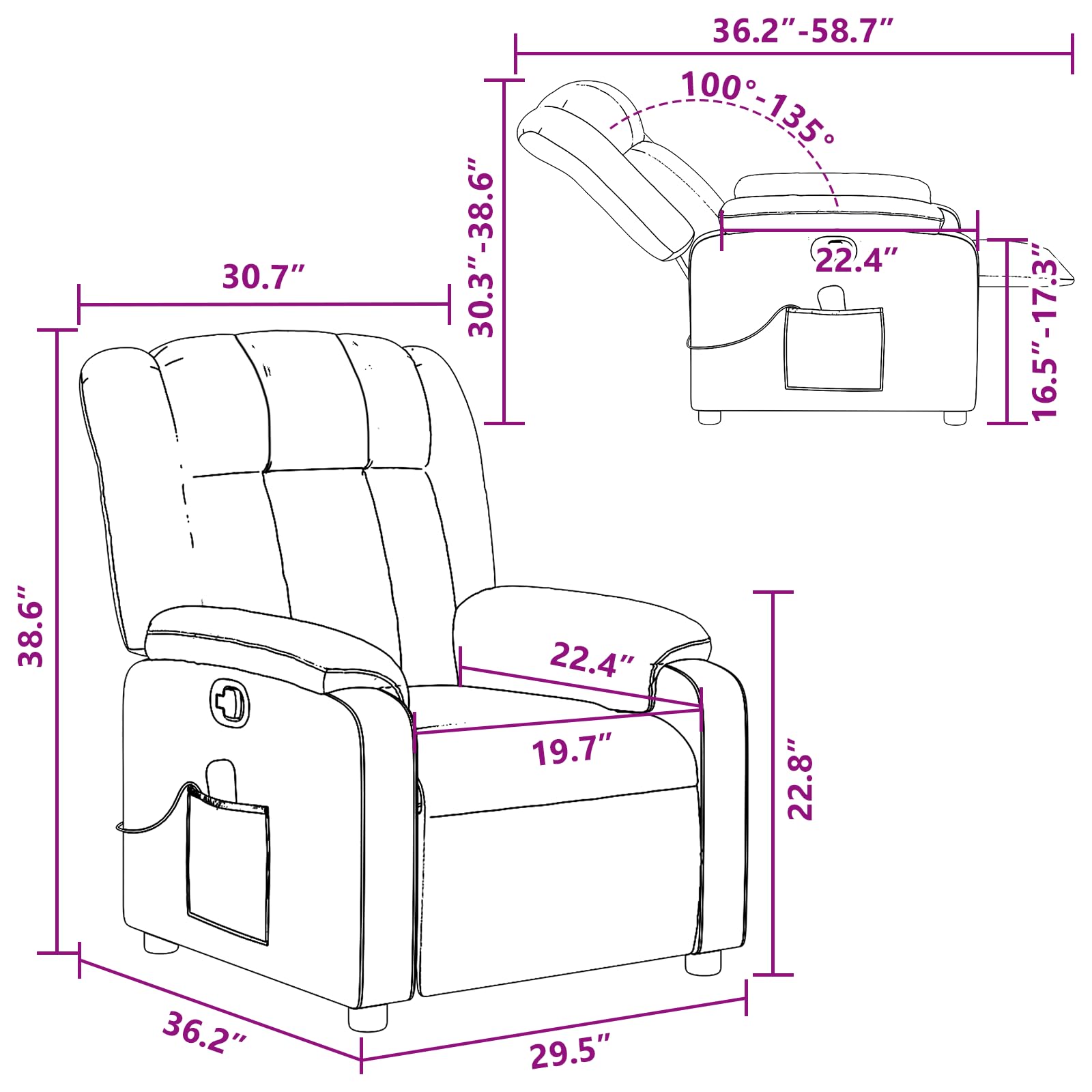vidaXL Massage Recliner Chair for Living Room, Adjustable Recliner with 6-Point Vibration Massage, Home Theater Seating with Padded Seat Backrest & Side Pocket, Grey Leather