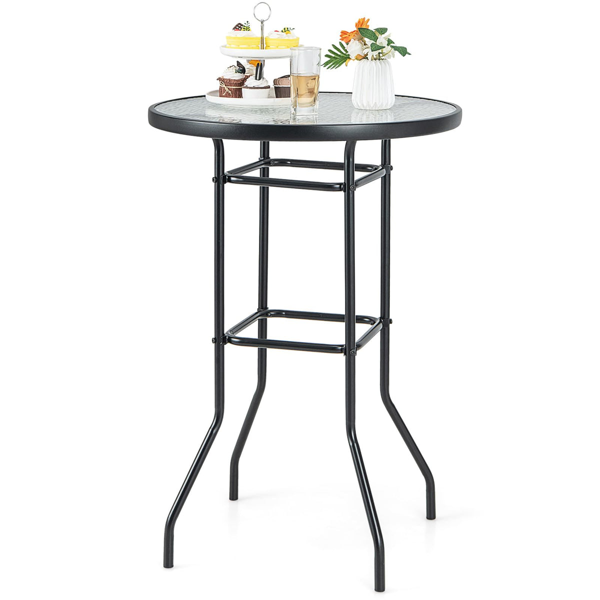 Giantex Patio Bar Table, 38' Height High Top Bistro Table, 27' Round Tempered Glass Tabletop, Heavy-Duty Metal Frame, Outdoor Table For Bistro Porch Garden Balcony