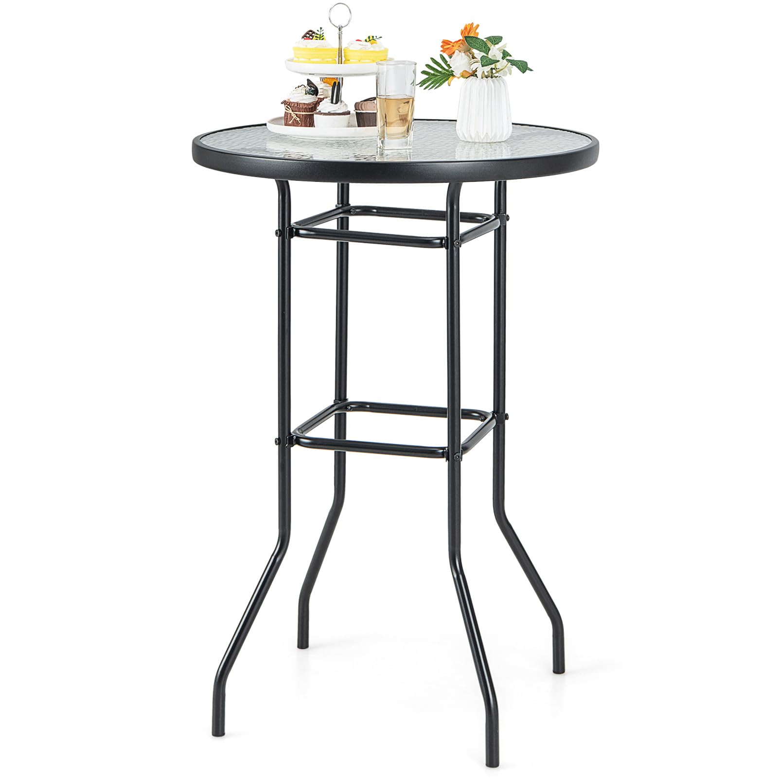 Giantex Patio Bar Table, 38' Height High Top Bistro Table, 27' Round Tempered Glass Tabletop, Heavy-Duty Metal Frame, Outdoor Table For Bistro Porch Garden Balcony