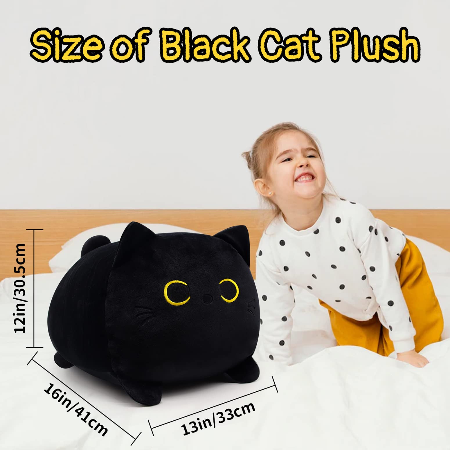 Black Cat Plush Toy Black Cat Pillow,16' Soft Fat Black Cat Stuffed Animals Cat Plushie, Kawaii Plush Pillow Cushion Cat Throw