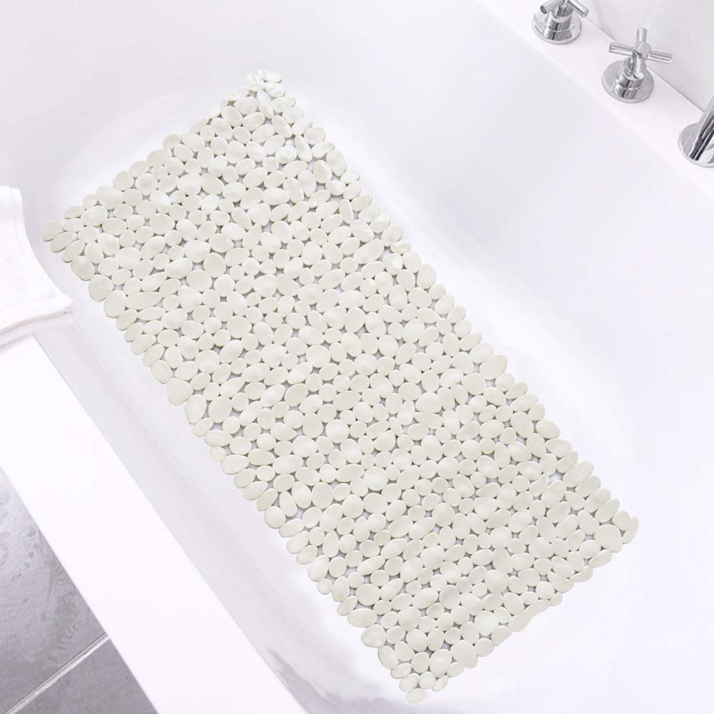 SONGZIMING Bathtub Mat Non Slip Pebble Bath Shower Mat with Drain Holes, Suction Cups Mat for Tub (16 W x 35 L,Beige)
