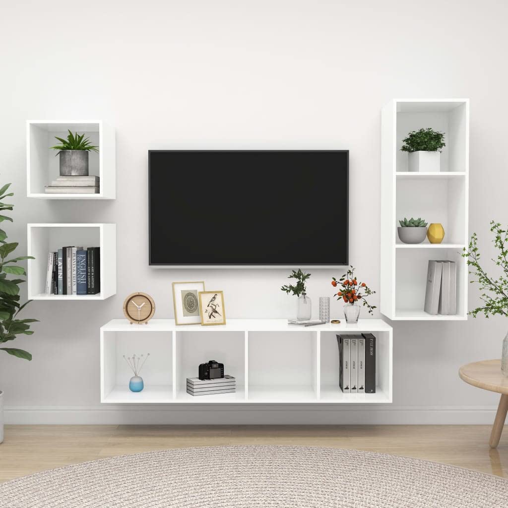 vidaXL TV Cabinet Set 4 Piece Hanging Wall Mount Stand Unit HiFi Stereo Plasma Cabinets Living Room Furniture White Engineered Wood