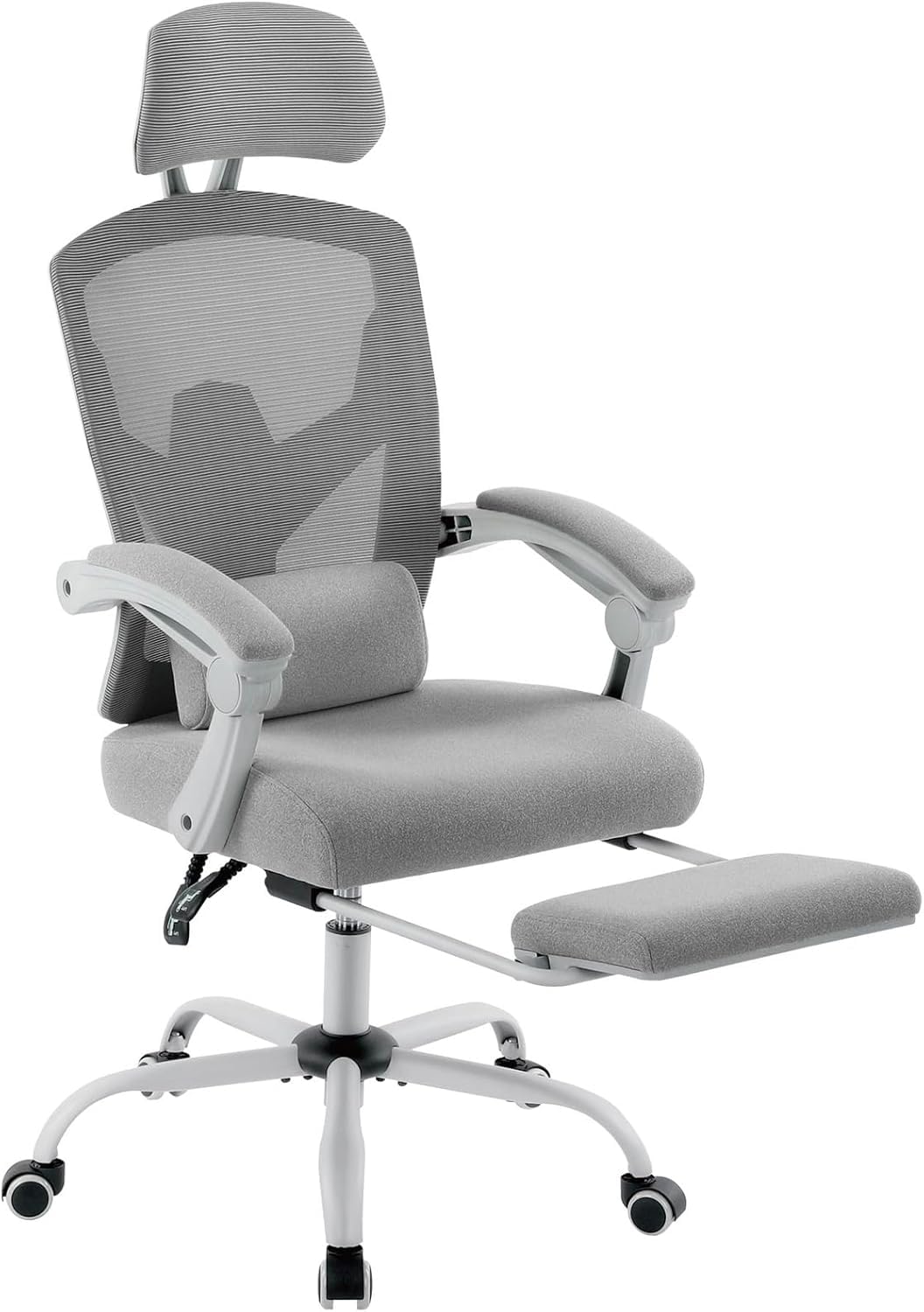 Dumos Home Office Desk Chair With Footrest, High-Back Mesh Rolling Swivel Reclining Chairs With Wheels, Comfortable Headrest, Lumbar Support, Comfy Arms For Home, Office, Gaming, Student, Grey