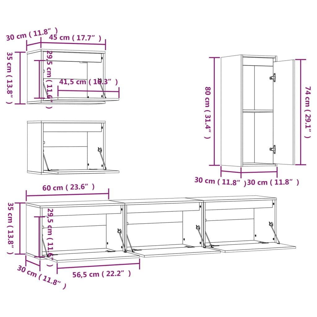 vidaXL TV Stand 6 Pcs, Wall Mounted Entertainment Center TV Console with Storage, Floating TV Stand for Living Room Bedroom, White Solid Wood Pine