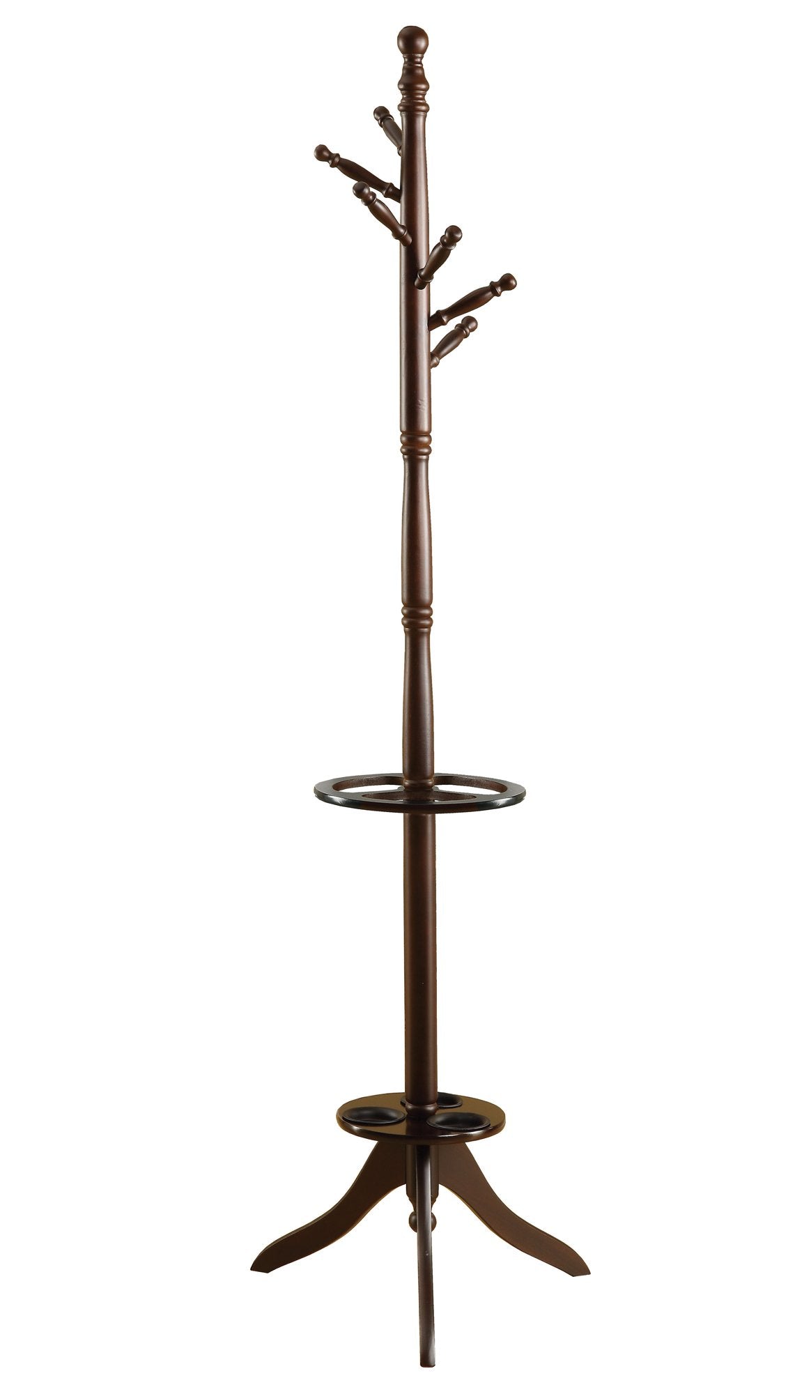 Monarch Specialties 2005, Hall Tree, Free Standing, 6 Hooks, Entryway, Umbrella Holder, Bedroom, Wood, Brown, Contemporary, Modern Coat Rack, 17" L x 17" W x 71" H, Cappuccino