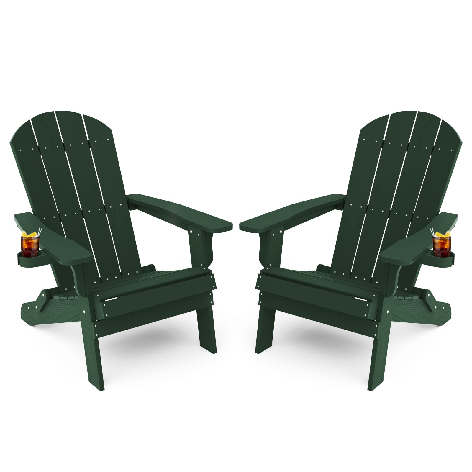 Yefu Adirondack Chair Set Of 2, Folding Oversized Plastic Adirondack Chair With Cup Holder, Lawn Chair With Weather Resistant For Outdoor Deck Garden, Weight Capacity Up To 400 Lbs–Green