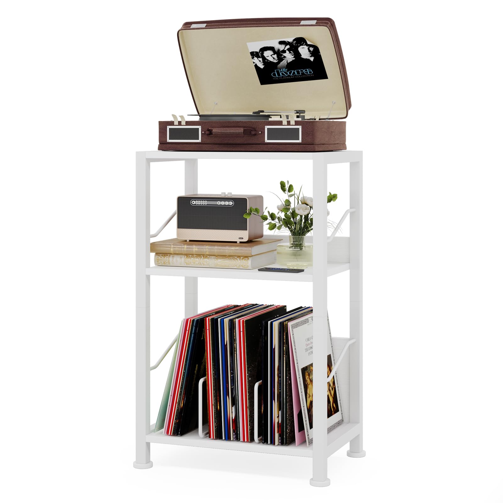 Hosfais 3-Tier Record Player Stand - Retro Vinyl Record Storage End Table Records Shelf For Living Room Bedroom (White)
