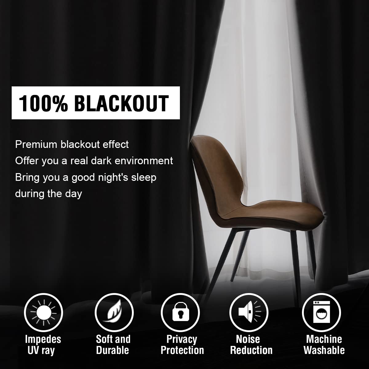 H.Versailtex 100% Blackout Curtains For Bedroom With Black Liner Full Room Darkening Curtains 63 Inch Long Thermal Insulated Bac