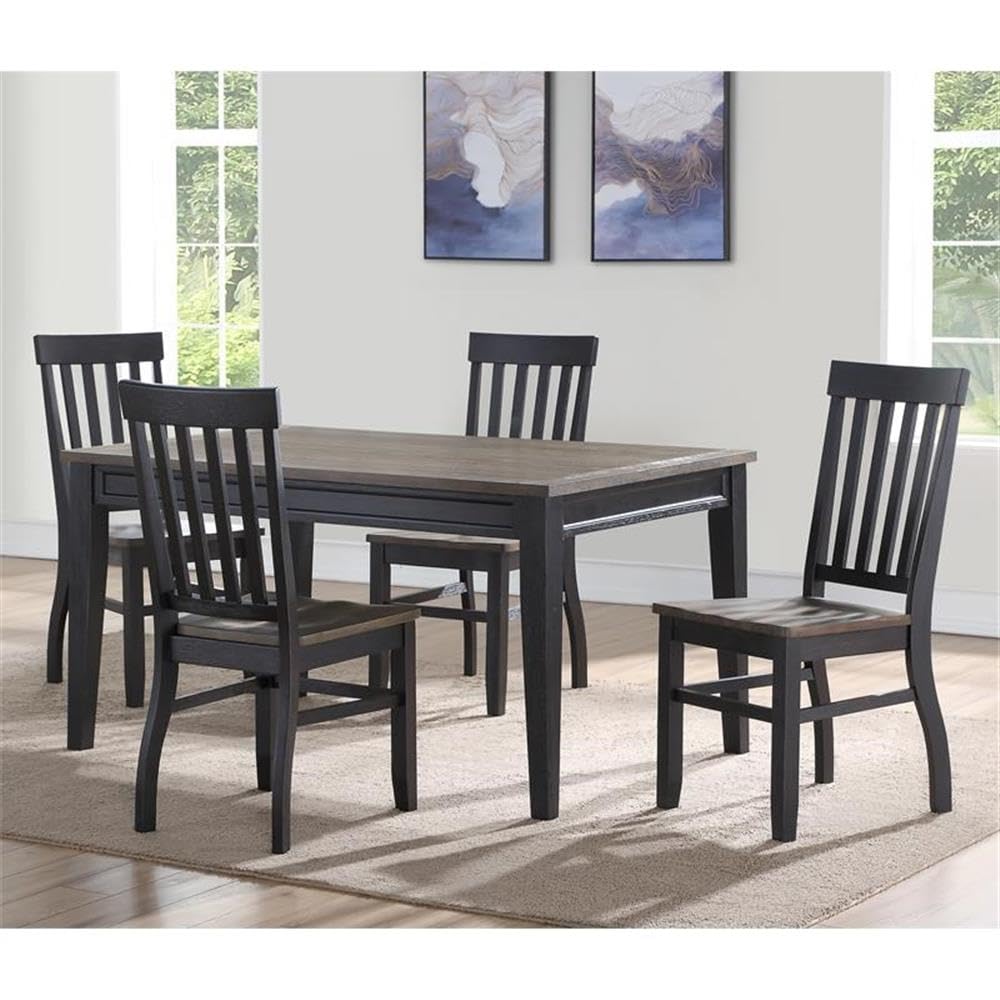 Steve Silver Furniture Raven Noir 5pc Dining Table Set, Driftwood Finish, 60" Rectangular Table 4 Side Chairs, Farmhouse Styling, Dining Room, 64" L x 40" W x 30" H, Black, Brown