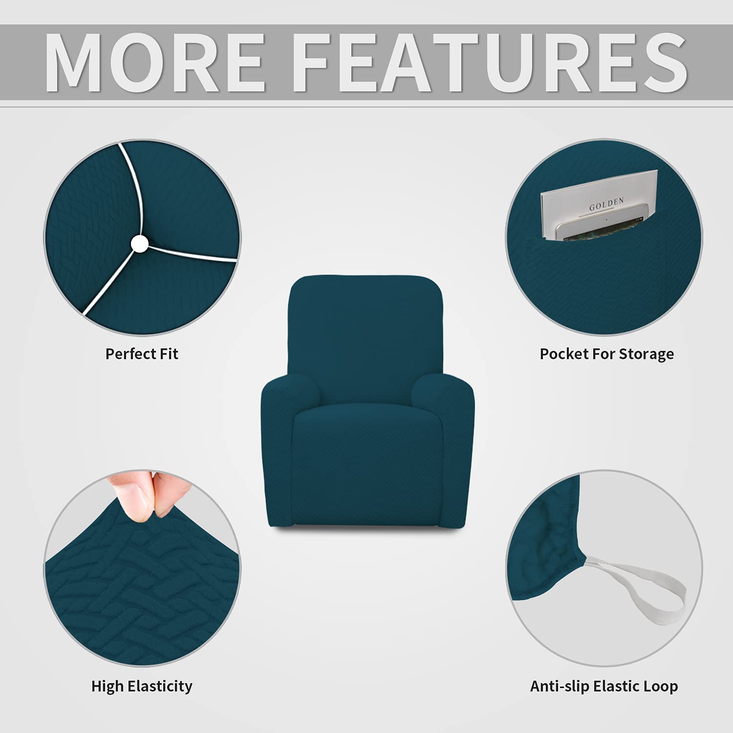 Easy-Going Stretch Jacquard Recliner Couch Cover, 4-Piece Soft Sofa Cover, Sofa Slipcover With Elastic Loop, Washable Furniture Protector For Kids, Pets, Dogs, Cats (Recliner,Deep Teal)