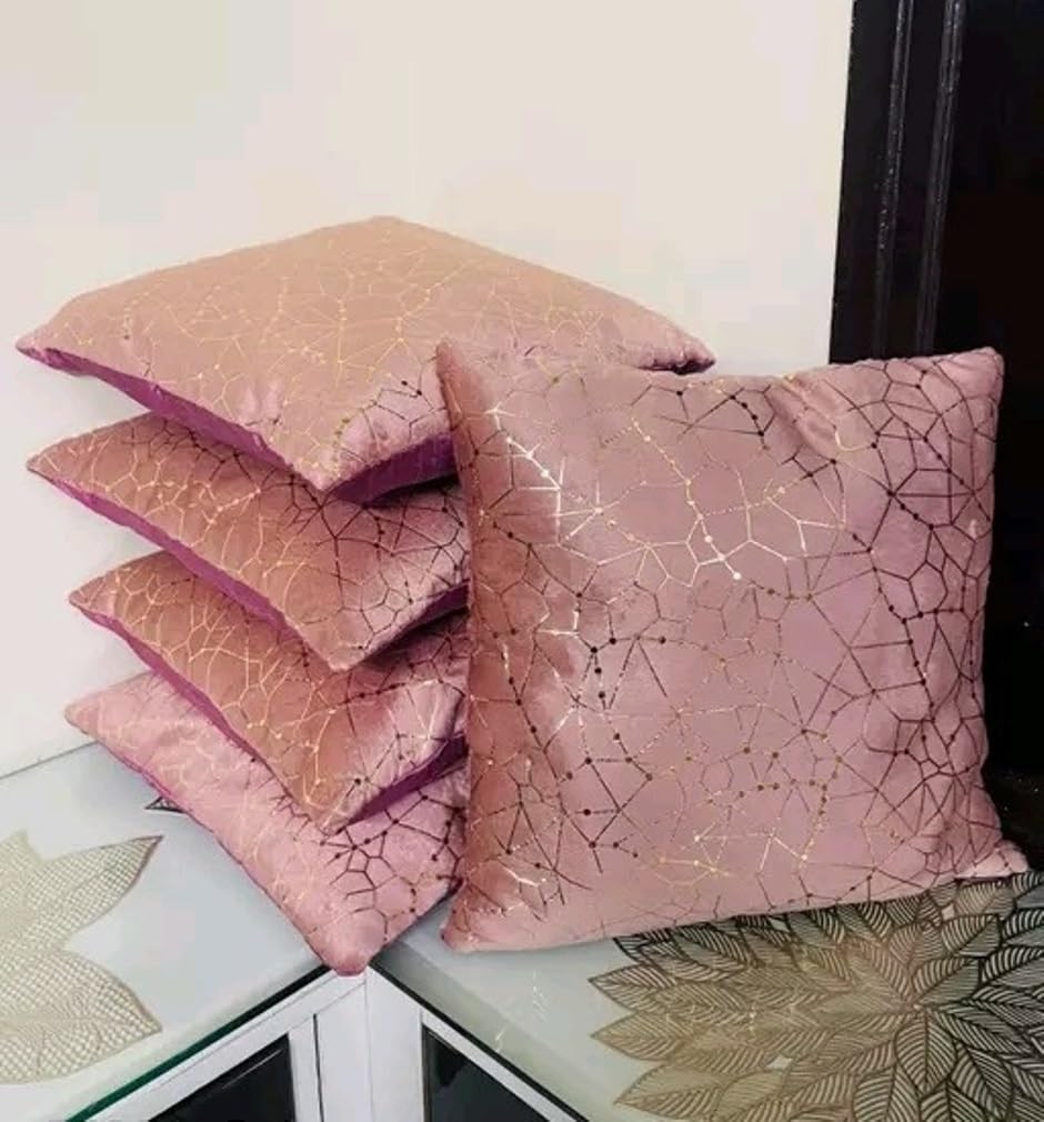 Monkdecor (O.F) Attractive Constellation Design Velvet Fabric Cushion Cover Of 16X16 Inches, Set Of 5 Pieces, Pink Color