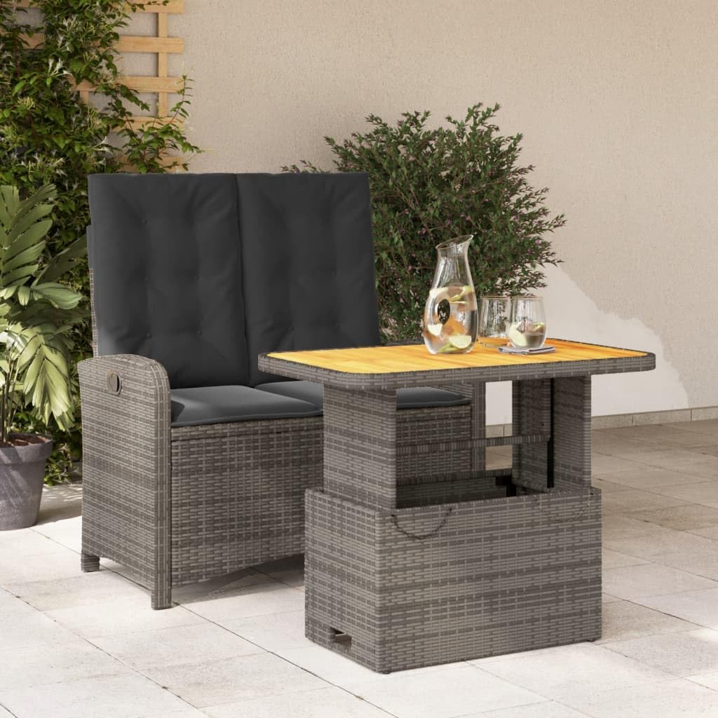 vidaXL Patio Dining Set with Cushions - 2 Piece Outdoor Furniture, Gray PE Rattan Recliner Bench and Lift-Up Table