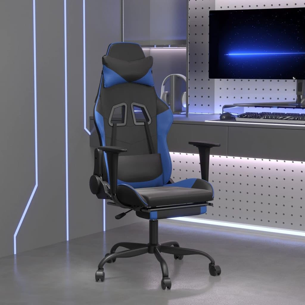 vidaXL Gaming Chair with Footrest - Adjustable Black & Blue Faux Leather Gaming Chair with Foam Filling - Durable & Comfortable Computer Chair for Improved Gaming Experience