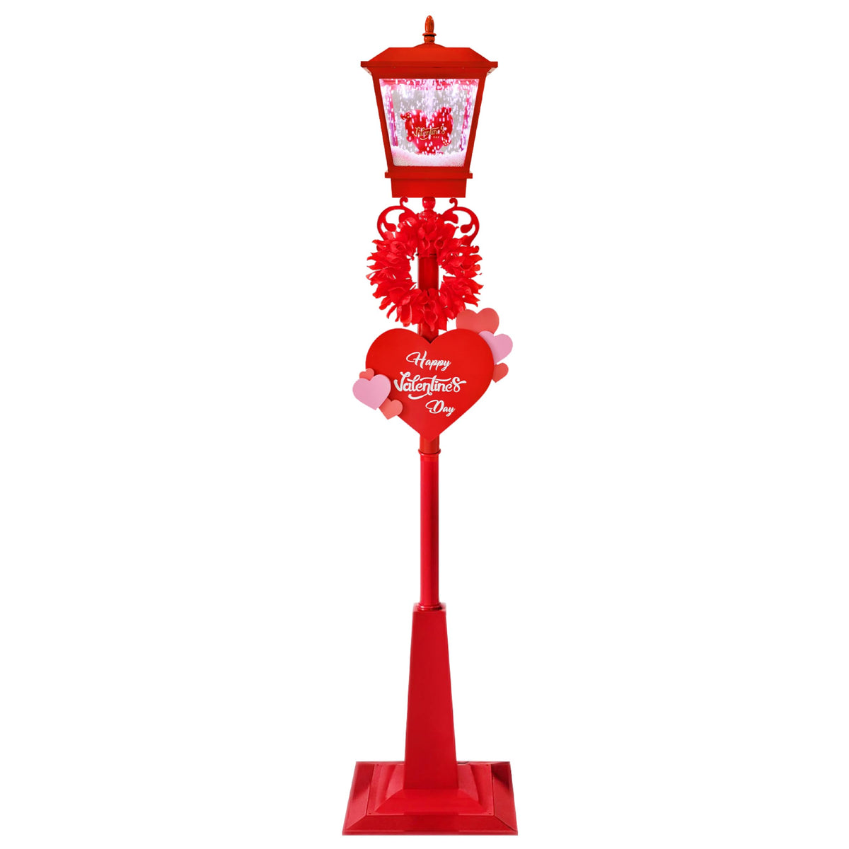 Fraser Hill Farm 70-In. Musical Snowy Valentine'S Day Street Lamp Lantern With Hearts, Cascading Snow Lamp With Lights And Sound, Festive Holiday Home Decor In Red