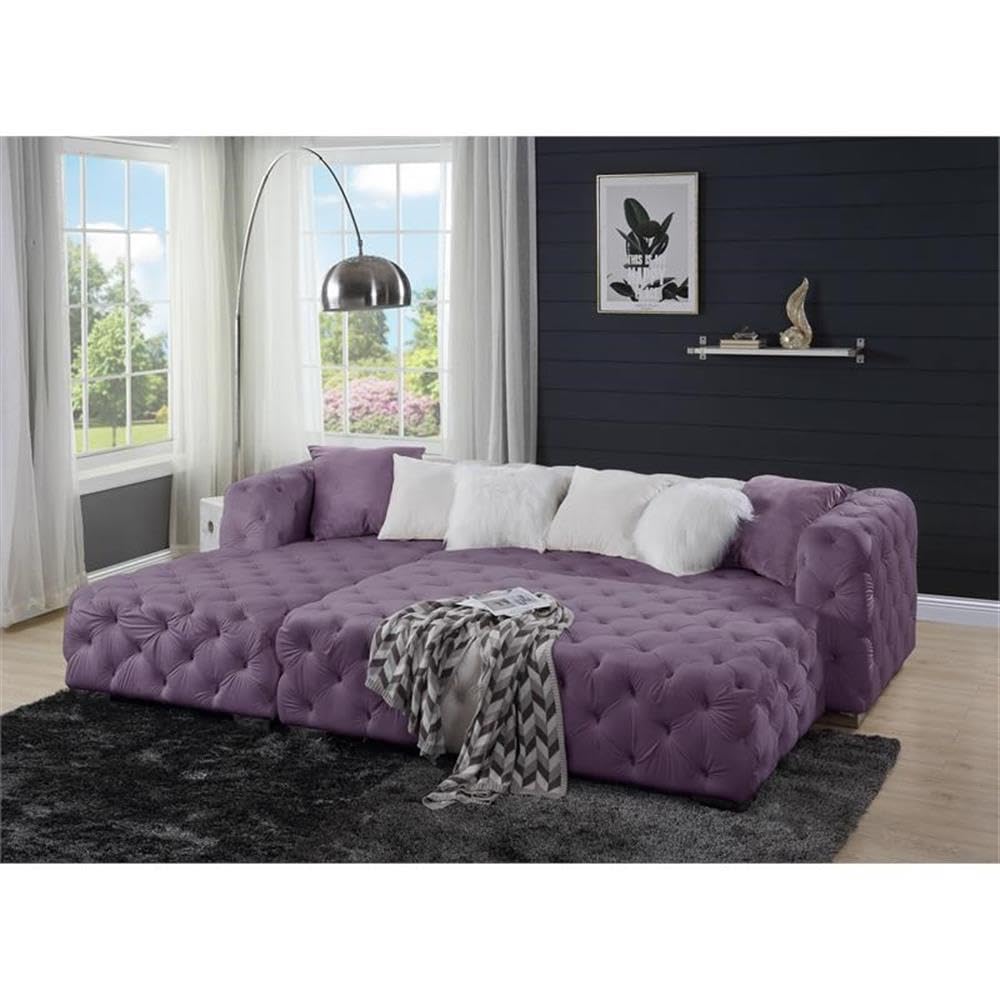 Acme Qokmis Tufted Upholstered Sectional Sofa with 6 Pillows in Purple Velvet