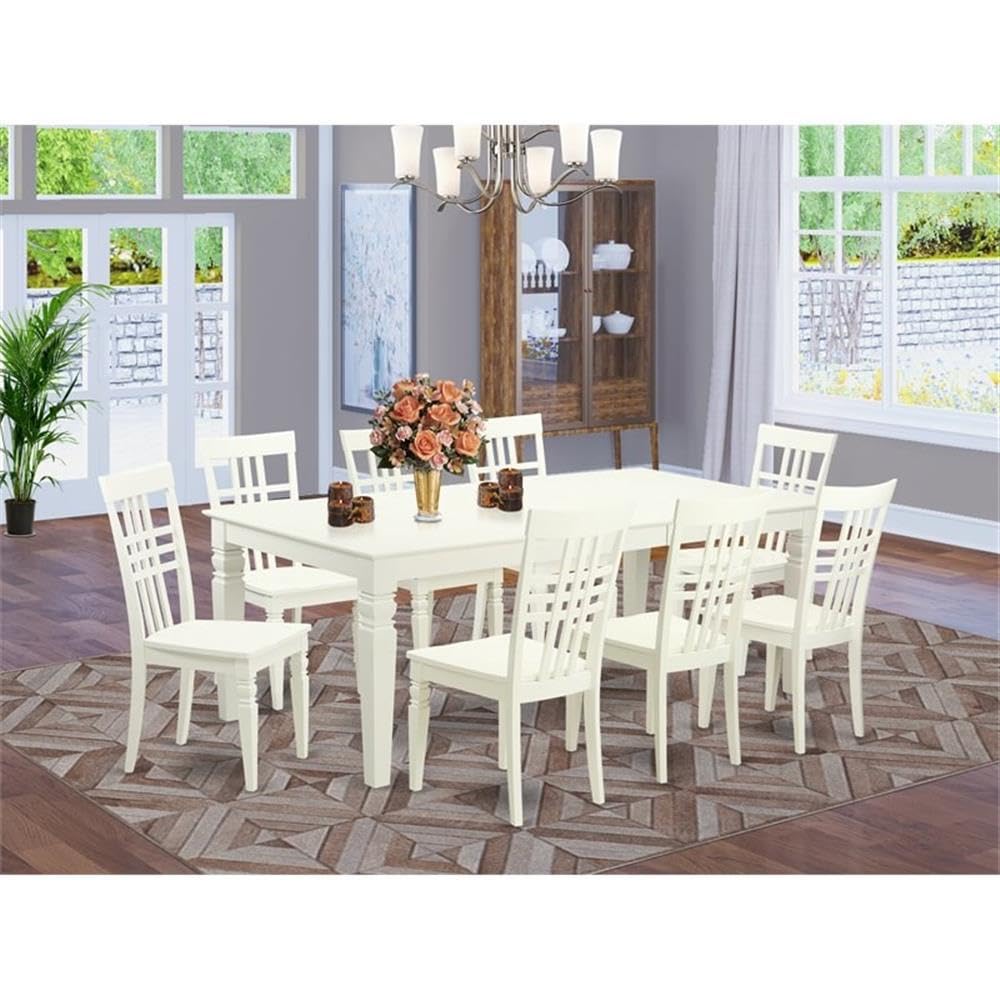 East West Furniture LGLG9-LWH-W 9 Piece Dining Room Table Set Includes a Rectangle Wooden Table with Butterfly Leaf and 8 Kitchen Dining Chairs, 42x84 Inch, Linen White