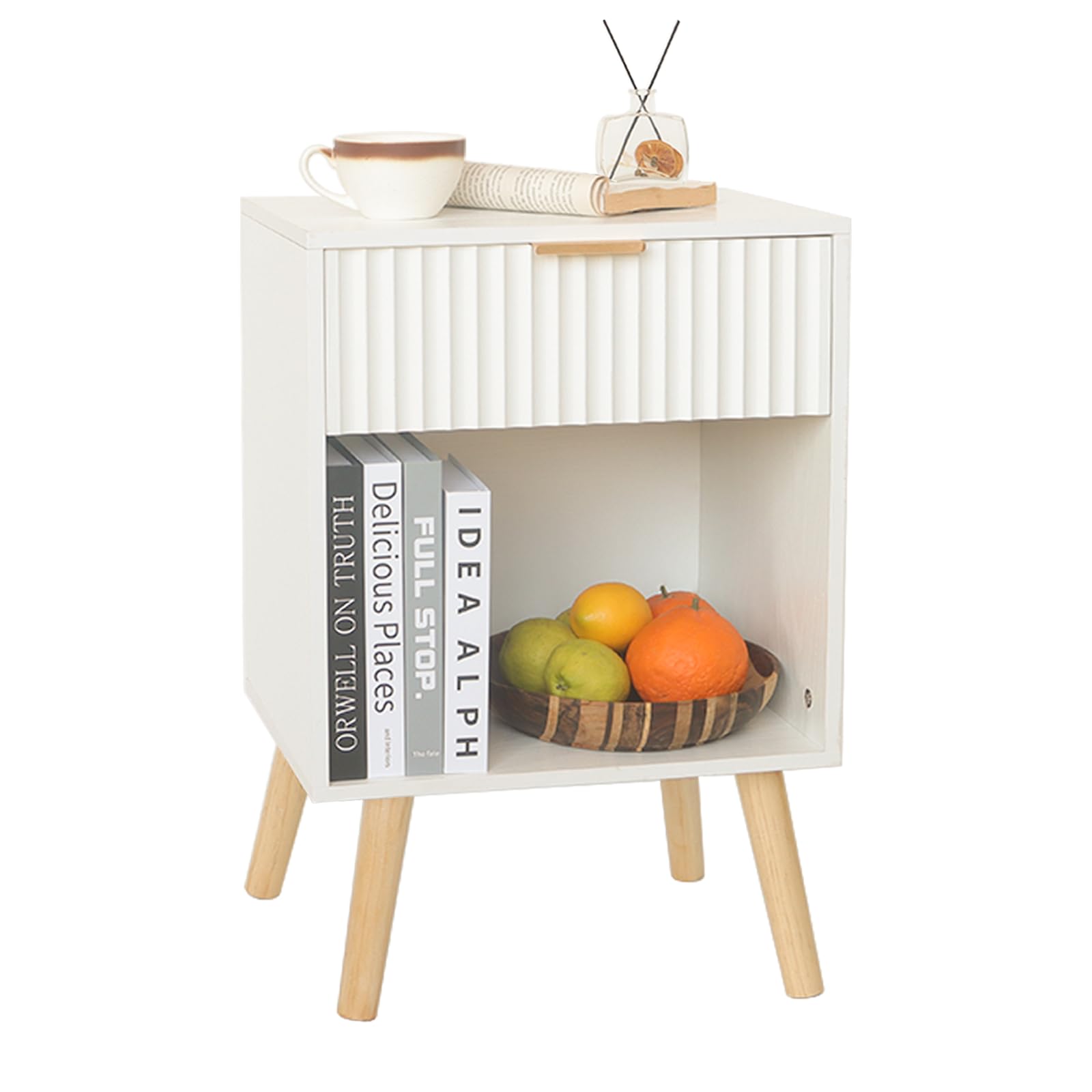 Fultyle White Nightstand, Modern Bedside Table With Drawer And Opening Storage, Fluted End Side Table Living Room With Solid Woo