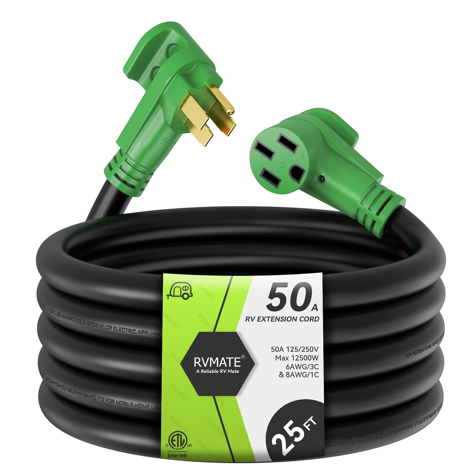 Rvmate 50 Amp 25 Feet Rv/Ev Extension Cord, Easy Plug In Handle, 14-50P To 14-50R With Led Indicator, Etl Listed, Come W/Storage
