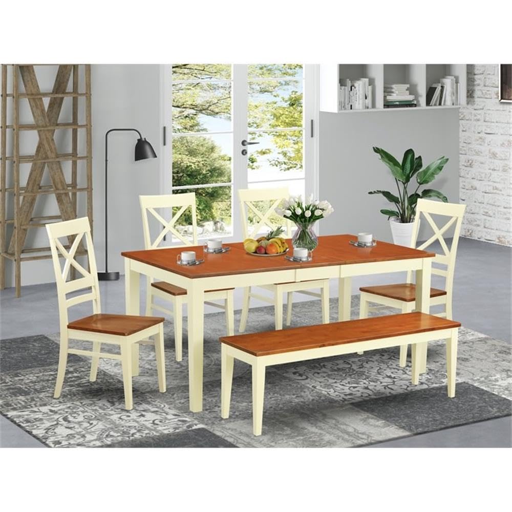East West Furniture NIQU6-WHI-W 6 Piece Kitchen Table Set Contains a Rectangle Dining Table with Butterfly Leaf and 4 Dining Chairs with a Bench, 36x66 Inch, Buttermilk & Cherry