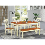 East West Furniture NIQU6-WHI-W 6 Piece Kitchen Table Set Contains a Rectangle Dining Table with Butterfly Leaf and 4 Dining Chairs with a Bench, 36x66 Inch, Buttermilk & Cherry